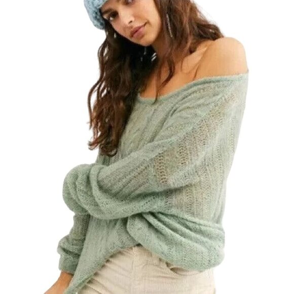 Free People Angel Soft Wool Alpaca Cable Knit Mint Green Sweater Size M - Picture 4 of 9